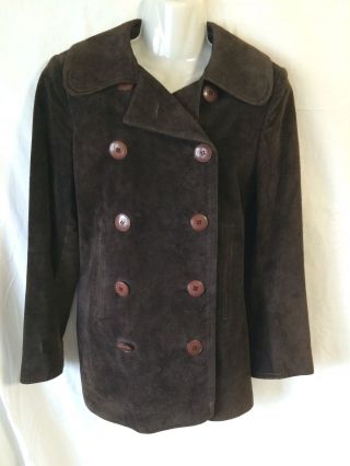 Vtg Calvin Klein Suede Leather Jacket Pea Coat 70s Dark Brown - Size 8 Made Usa