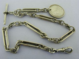 Victorian Solid Sterling Silver Fancy Albert Watch Chain T - Bar & Coin Fob 1897