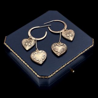 Antique Vintage Deco Style Sterling Silver Repousse Puffy Heart Womens Earrings