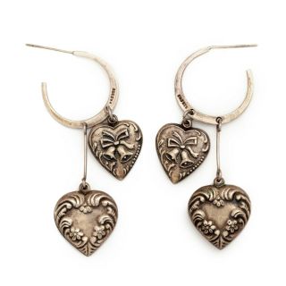 Antique Vintage Deco Style Sterling Silver Repousse Puffy Heart Womens Earrings 2