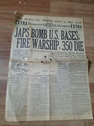 December 8,  1941 Rochester Ny Pearl Harbor Edition Newspaper