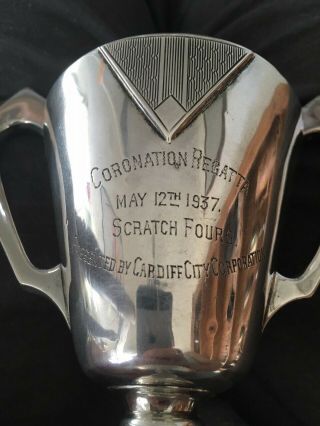 Solid Silver May 12th 1937 Coronation Cardiff Rowing Art Deco Trophy,  Loving Cup