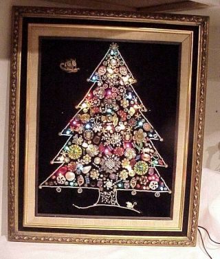 Gorgeous Ooak Vintage Framed Lighted Folk Art Jewelry Christmas Tree Wall Art