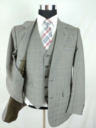 Vtg John Alexander 3pc Suit Gray Glen Plaid 2button Red Blue Pane 38/39r 33x29