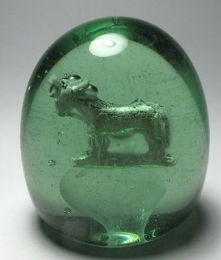Large Antique1800s English Green Glass Dump Paperweight With Sulphide Goat