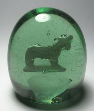 Large Antique1800s English Green Glass Dump Paperweight with Sulphide Goat 3