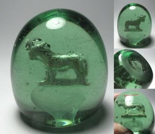 Large Antique1800s English Green Glass Dump Paperweight with Sulphide Goat 8