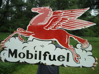 Large Vintage Mobilfuel Pegasus Porcelain Gas & Oil Pump Sign Mobil Mobiloil