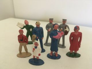 Antique Toy Metal Figures - Mailmen,  Paper Boy,  Man,  Ladies,  Children