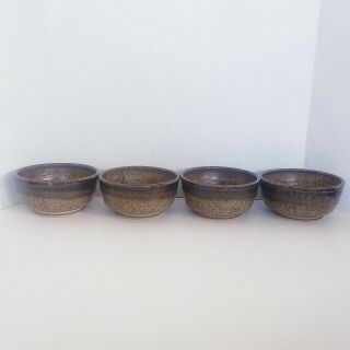 Set of 8 VTG Signed Hand Thrown Glazed Ceramic Bowls Brown Spots Drip Blue 61/2 