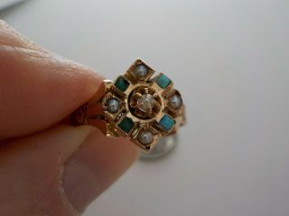 10k Yellow Gold; Vintage Ring With Pearl And Turquoise; Size 7 1/4.