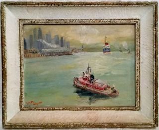 Antique Oil Painting " City River " Created In 1930 - 1940s Frame.  Signed.