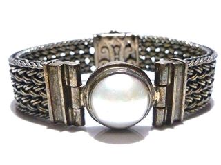 Estate Large Classy Modern Sterling Silver Mabe Pearl Womens Bracelet 7.  25 "