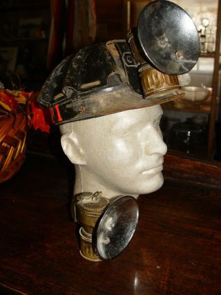 Scarce Antique Turtle Shell Coal Mining Helmet Hat & 2 Carbide Lanterns
