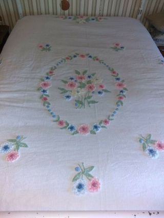 MIDCENTURY VINTAGE CABIN CRAFTS NEEDLE TUFT COTTON FLORAL BEDSPREAD - 2