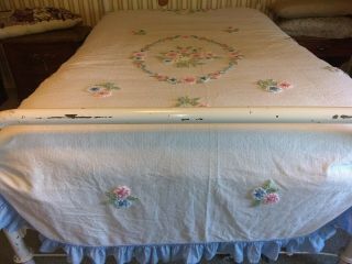 MIDCENTURY VINTAGE CABIN CRAFTS NEEDLE TUFT COTTON FLORAL BEDSPREAD - 6