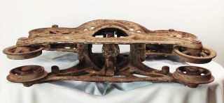 Vtg antique cast iron hay trolley carrier unloader barn pulley tool system 3