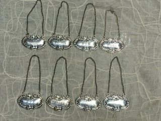 Set Of 8 Vintage Wallace Sterling Silver Liquor Decanter Bottle Tag Ticket