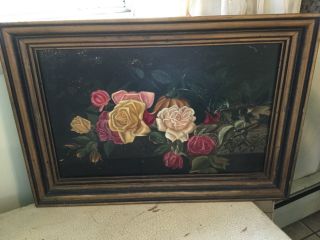 Antique Vintage Oil On Artist Board Of Roses In Colors Of Pinks,  Yellows,  Reds