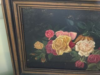 Antique vintage oil on artist board of roses in colors of pinks,  yellows,  reds 2