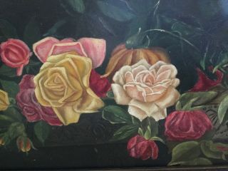 Antique vintage oil on artist board of roses in colors of pinks,  yellows,  reds 6