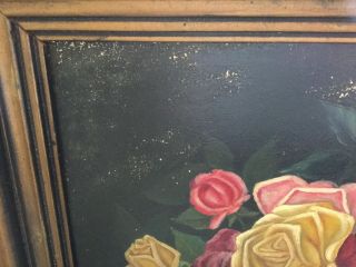Antique vintage oil on artist board of roses in colors of pinks,  yellows,  reds 7