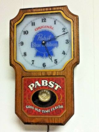 Pabst Blue Ribbon Beer Sign Light Vintage Wood Pendulum Wall Clock Lighted Bar