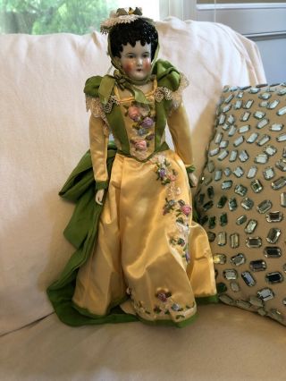Antique Fancy Curly Hair 13.  5” Hertwig China Doll W Rare Green Rosette Boots