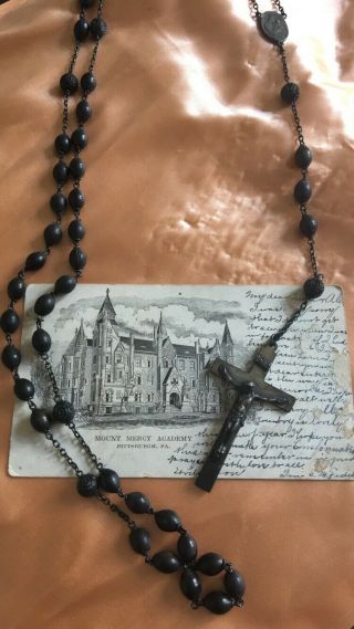 Antique 1920s Nun’s Rosary Sterling Cross W/ Pittsburgh Mercy Academy Postcard