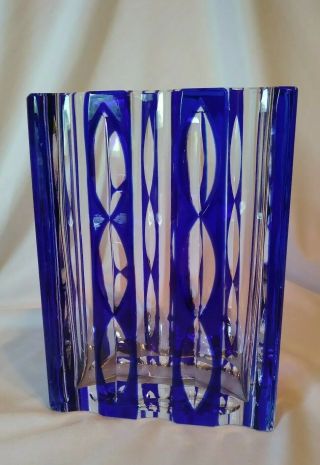 Vtg Bohemian? Cobalt Blue Cut To Clear Cased Crystal Art Deco Rectangular Vase
