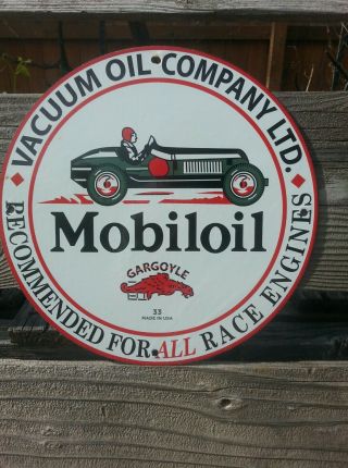 Vintage 1933 Mobiloil Mobil Vacuum Porcelain Sign Gas Oil Race Car Gargoyle Nos