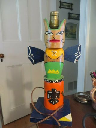 Vintage Old Wood Wooden Carved Painted Totem Pole Made Into Lamp Light