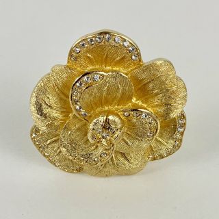 Vintage Christian Dior Haute Couture Rhinestone Gold Tone Flower Rose Brooch Pin 2