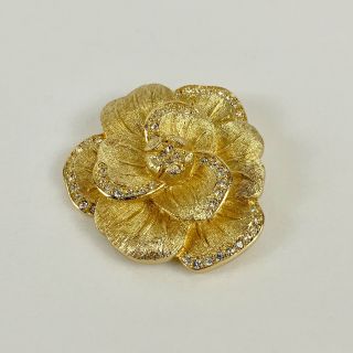 Vintage Christian Dior Haute Couture Rhinestone Gold Tone Flower Rose Brooch Pin 4