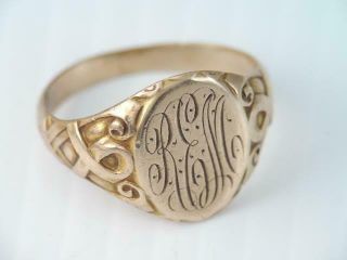 Antique Victorian Solid 10k Gold Signet Ring Ornate Carved Ribbon Design Sz 6.  5