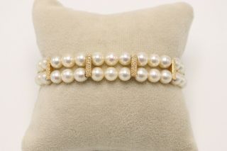 Vintage 14k Yellow Textured Gold Double Strand Cultured Pearl Estate Bracelet