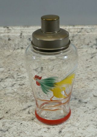 Vtg Art Deco Hand Painted Rooster Cocktail Martini Shaker Bar Ware 8 1/2 " Tall