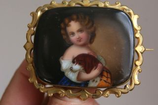 Fine Antique Large Victorian Brooch Spaniel Dog & Young Girl 5.  5 X 4.  6 Cm 7.  2 G