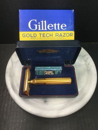 Gillette Gold Tech Safety Razor W/case Usa Vtg Nos 4