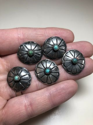 5 Vintage Old Pawn Sterling Silver Turquoise Conchos Buttons Navajo Arizona