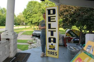 Large Vintage 1969 Delta Tires Gas Station 60 " Embossed Metal Sign