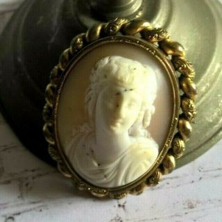 Fine Antique Carved Natural Shell Cameo Lady Portrait Pin Brooch Relief