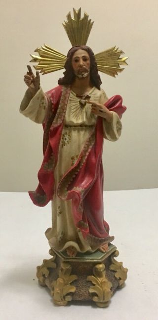 Vintage Sacred Heart Of Jesus Statue 14 Inches Glass Eyes / Spain