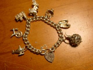 Vintage Sterling Silver Charm Bracelet With Seven Very Large Charms Plus Padlock