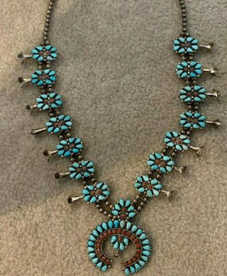 Vintage Zuni Turquoise & Coral Squash Blossom Necklace.