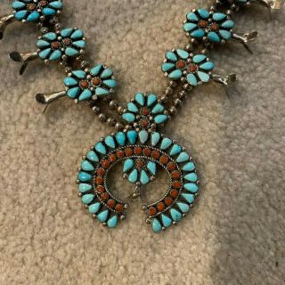 Vintage Zuni Turquoise & Coral Squash Blossom Necklace. 2