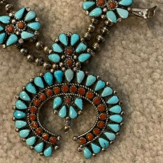 Vintage Zuni Turquoise & Coral Squash Blossom Necklace. 4