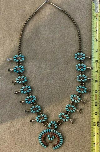 Vintage Zuni Turquoise & Coral Squash Blossom Necklace. 8