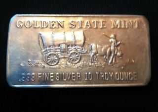 Vintage Golden State 10 Troy Oz Silver Bar.  999,  Fine Silver