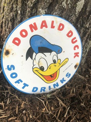 Vintage Donald Duck Soft Drinks Porcelain Sign Marked “walt Disney Studio 1958”